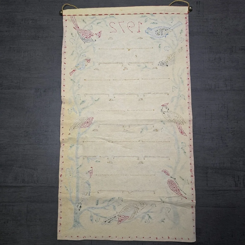 Vintage 1972 Felt Wall‎ Calendar with Sequins, Bird Design - Kitchen Towel Style